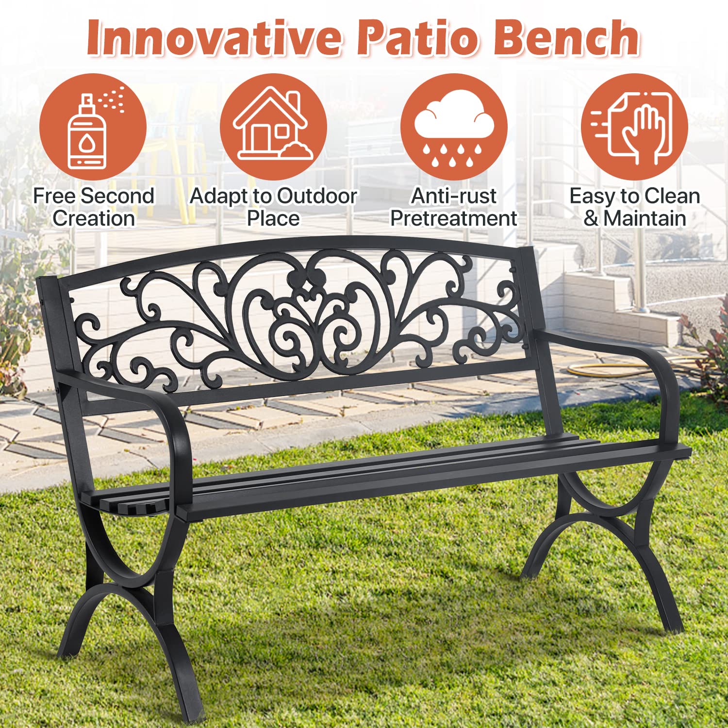 Yewuli Patio Garden Bench Metal Loveseat Chairs Outdoor Park Benches for Outside with Armrests Patio Furniture for Porch, Yard, Lawn, Balcony, Black