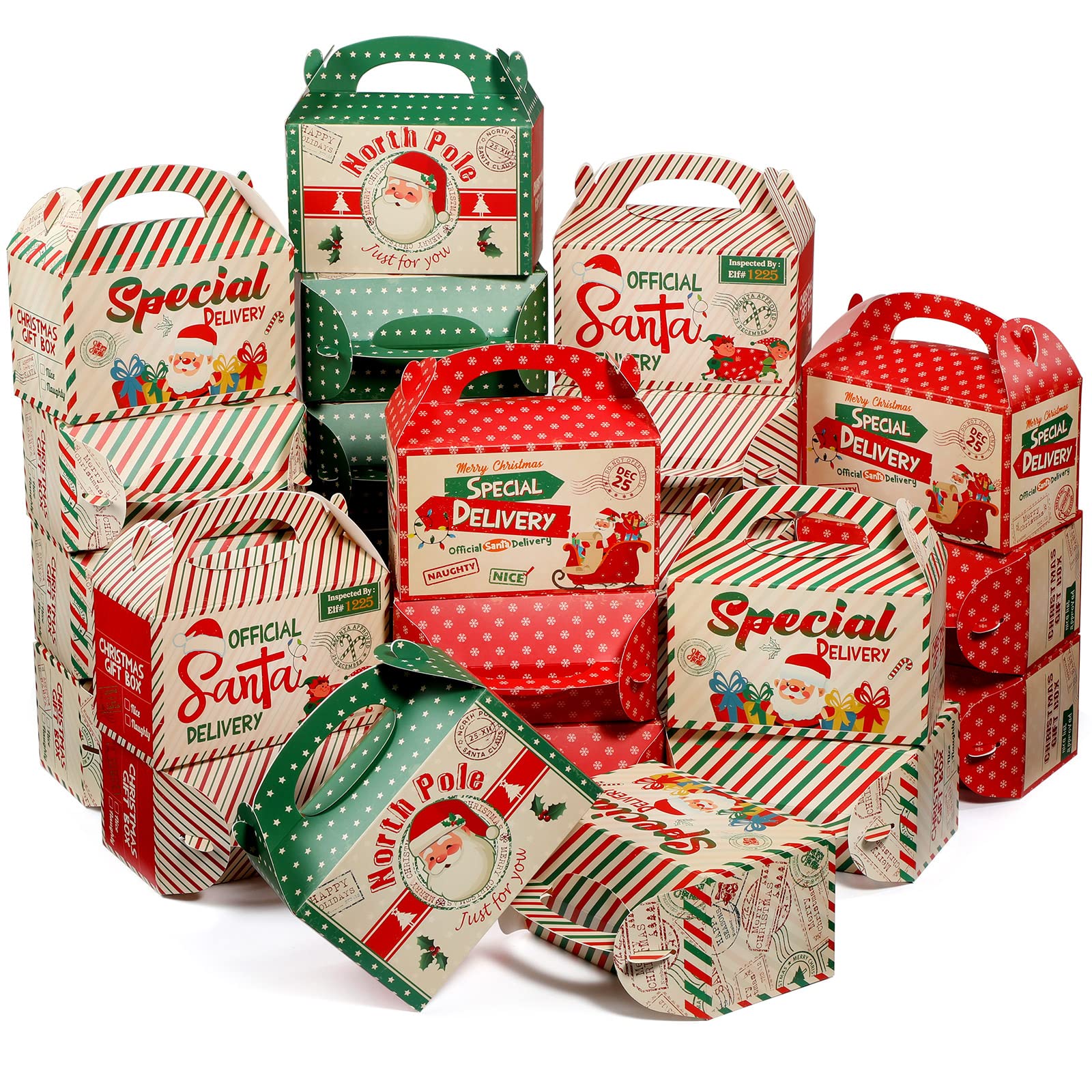 24 Pcs Christmas Cardboard Treat Boxes Red and Green Xmas Santa Delivery from North Pole Gift Boxes for Goodie Cookie with Handles Food Packaging Boxes for Office Party Favor Supplies (Cute Style)