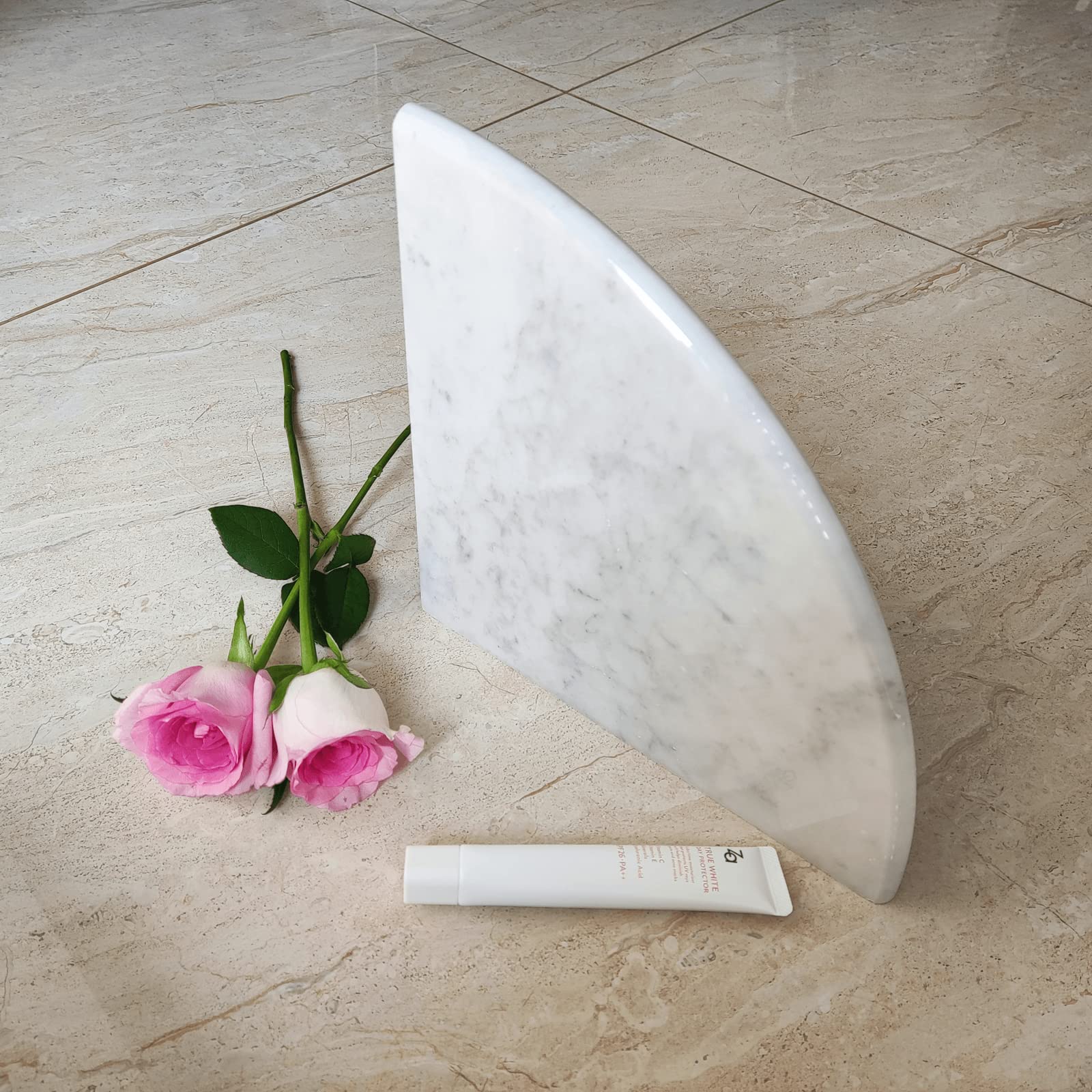 GEOONA 2 pcs Marble Shower Corner Shelf for Bathroom, 9'' Natural Marble Corner Shelves for Bath Wall Mounted Both Side Polished (2, Carrara White)