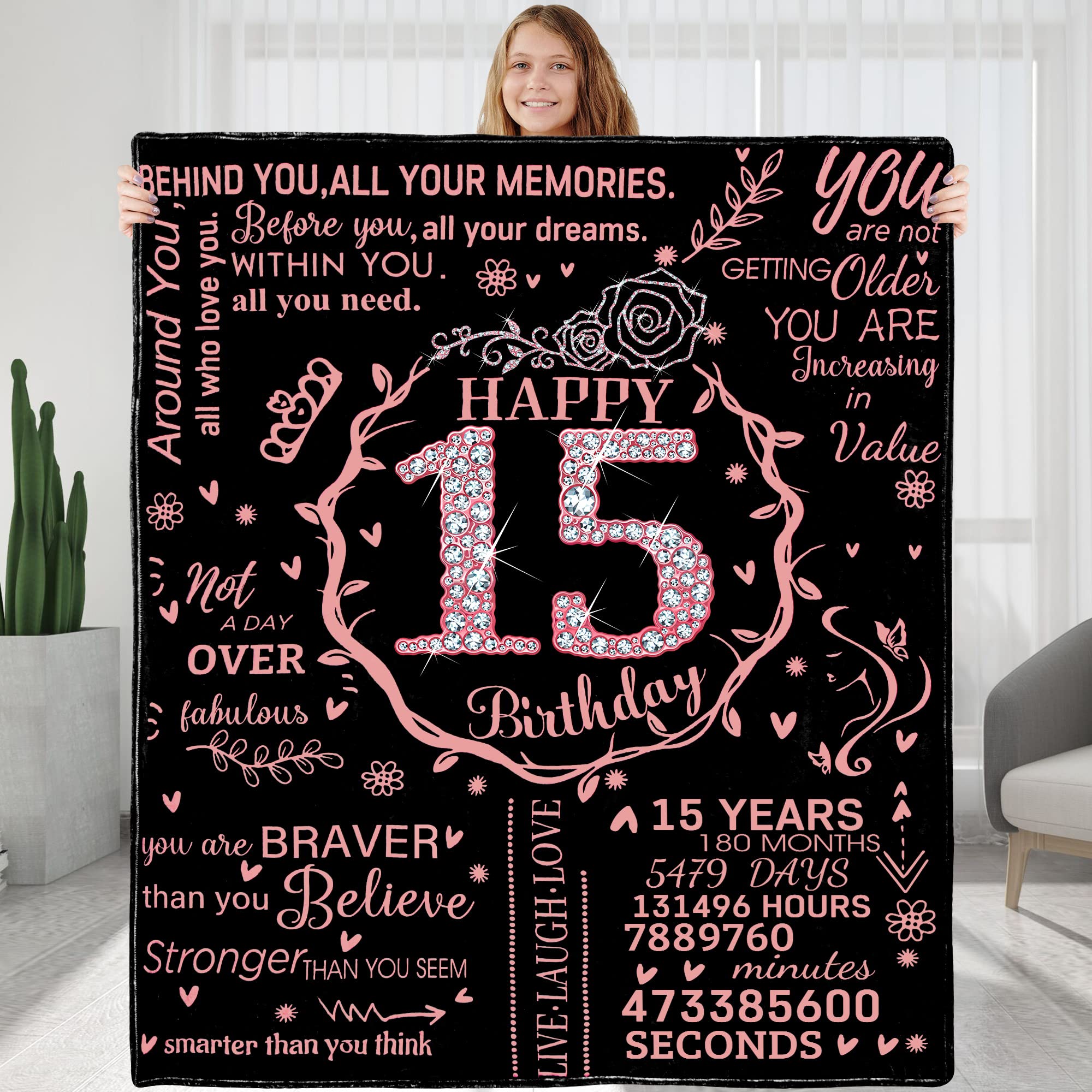 15th Birthday Blanket Gifts for Girls - Happy 15th Birthday Gift Ideas for Her - 15 Year Old Gifts for Daughter Sister Bestie - Personalized Flannel Fleece Soft Throw Blanket