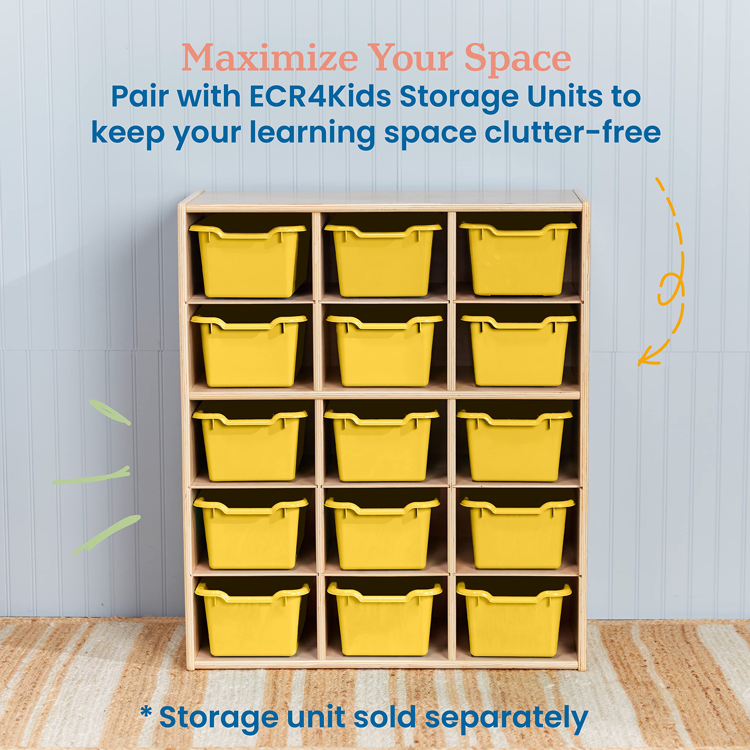 ECR4Kids Scoop Front Storage Bin, Multipurpose Organization, Yellow, 15-Piece