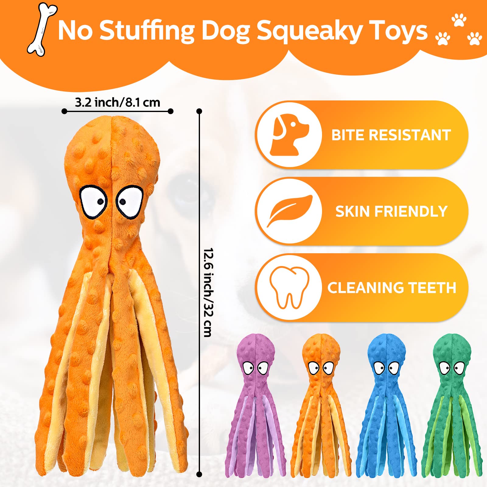 Vinsot 6 Pack Dog Squeaky Toys Octopus No Stuffing Crinkle Plush Dog Toys Durable Interactive Cute Chew Toys for Puppy (Colorful)