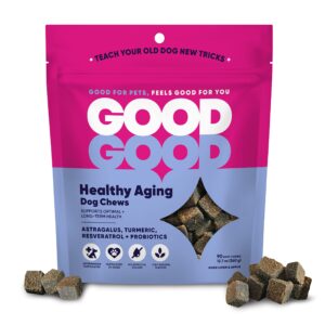 goodgood healthy aging dog supplements; supports optimal long-term health; adult or older dog; soft chews with astragalus, turmeric, and resveratrol; probiotics; 90 natural flavor chews