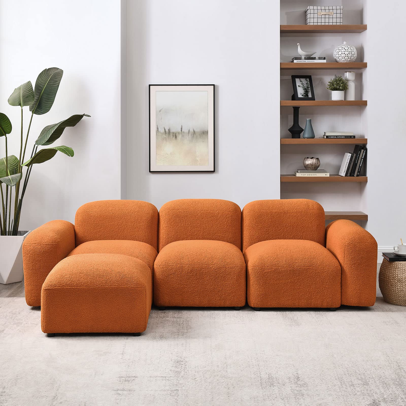 CALABASH Convertible Modular Sectional Sofa, 94.5''W L-Shape Couch with Reversible Chaise DIY Combination Teddy Fabric Cloud Sofa Couch for Living Room, Bedroom(Orange)