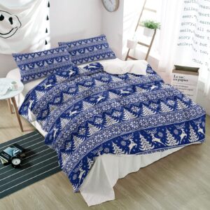 3 Pieces Twin Bedding Duvet Covers Set Winter Geometric Xmas Tree Reindeer Soft Quilt Cover and Pillow Shams, Comforter Cover Sets with Zipper Closure for Bedroom Decor Christmas Ethnic Red Blue