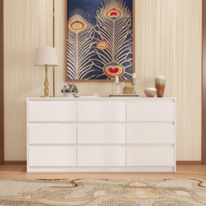 FAMAPY Chest of Drawers White Dresser No Handle, Modern 9 Drawer Dresser, Contemporary Style, 9-Drawer Cabinet Dresser for Bedroom (63" W x 15.7" D x 31.5" H)