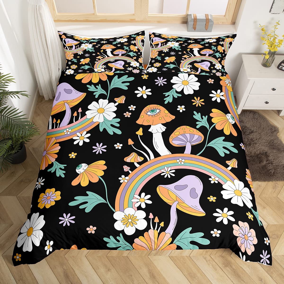 Erosebridal Trippy Mushroom Duvet Cover Queen Groovy Floral Bedding Set Cute Rainbow Comforter Cover with Zipper Closure Two Groovy Party Boho Hippie Mushroom Bed Sets Retro Party Decorations Bedding