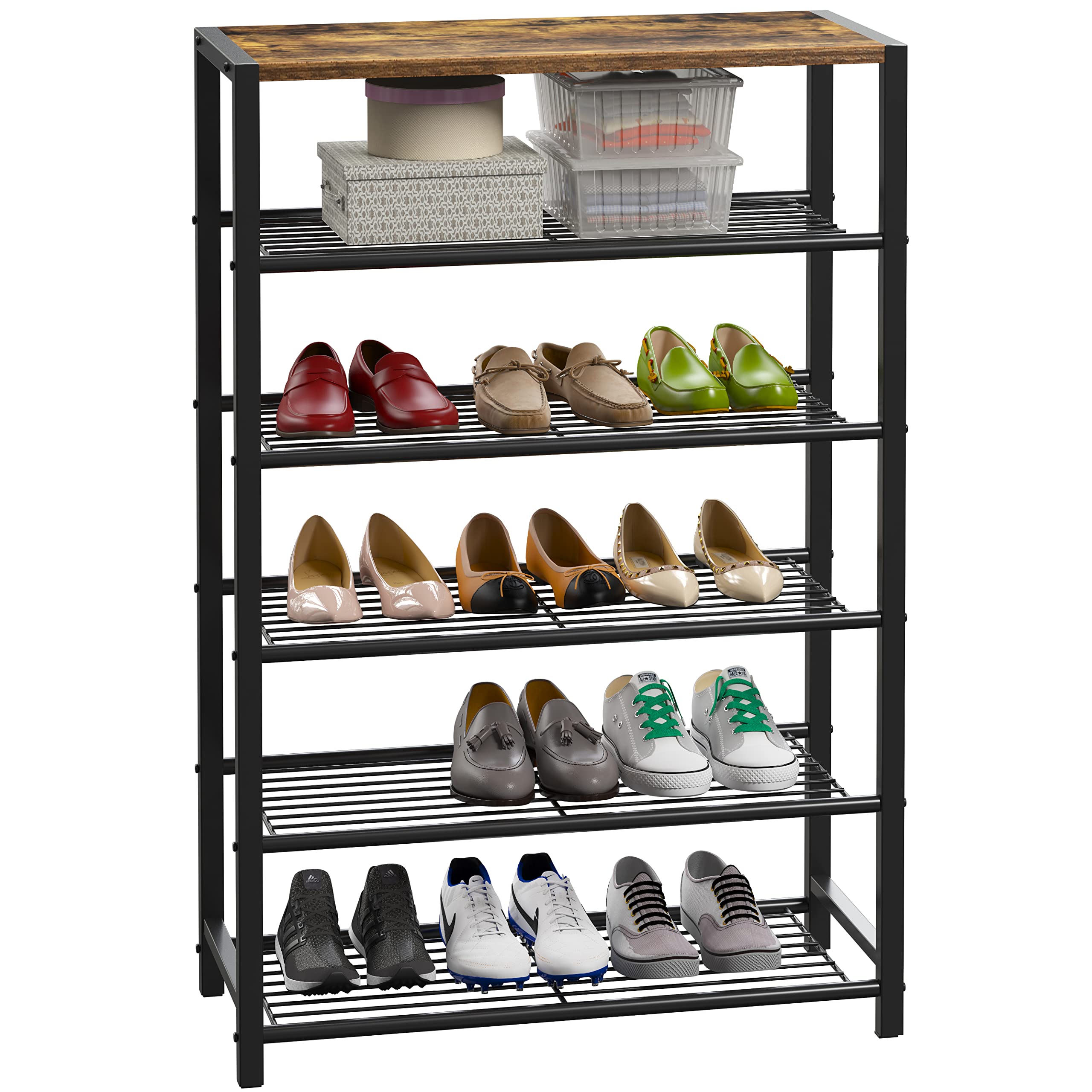 Yusong Shoe Rack, 6 Tier Shoe Organizer Storage for Closet Entryway, Narrow Tall Metal Shoe Shelves with Industrial Wooden Top, Rustic Brown and Black