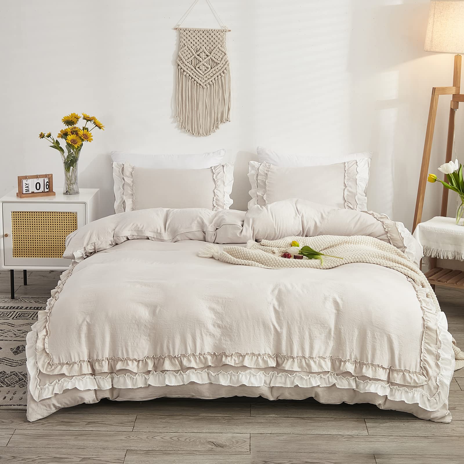 Beige Farmhouse Bedding Set Pleated Ruffle Duvet Cover Set Beige Gray Lace Ruched Ruffled French Country Style Rustic Textured Duvet Cover King with 2 Pillowcases