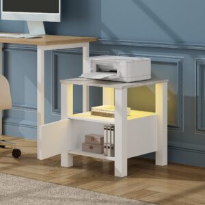 WAMPAT White End Table for Living Room, Nightstand for Bedroom with Storage Cabinet & Open Shelf, Wood Night Stand with Faux Marble Tabletop & LED Light, Side Tables for Small Spaces, White/Grey