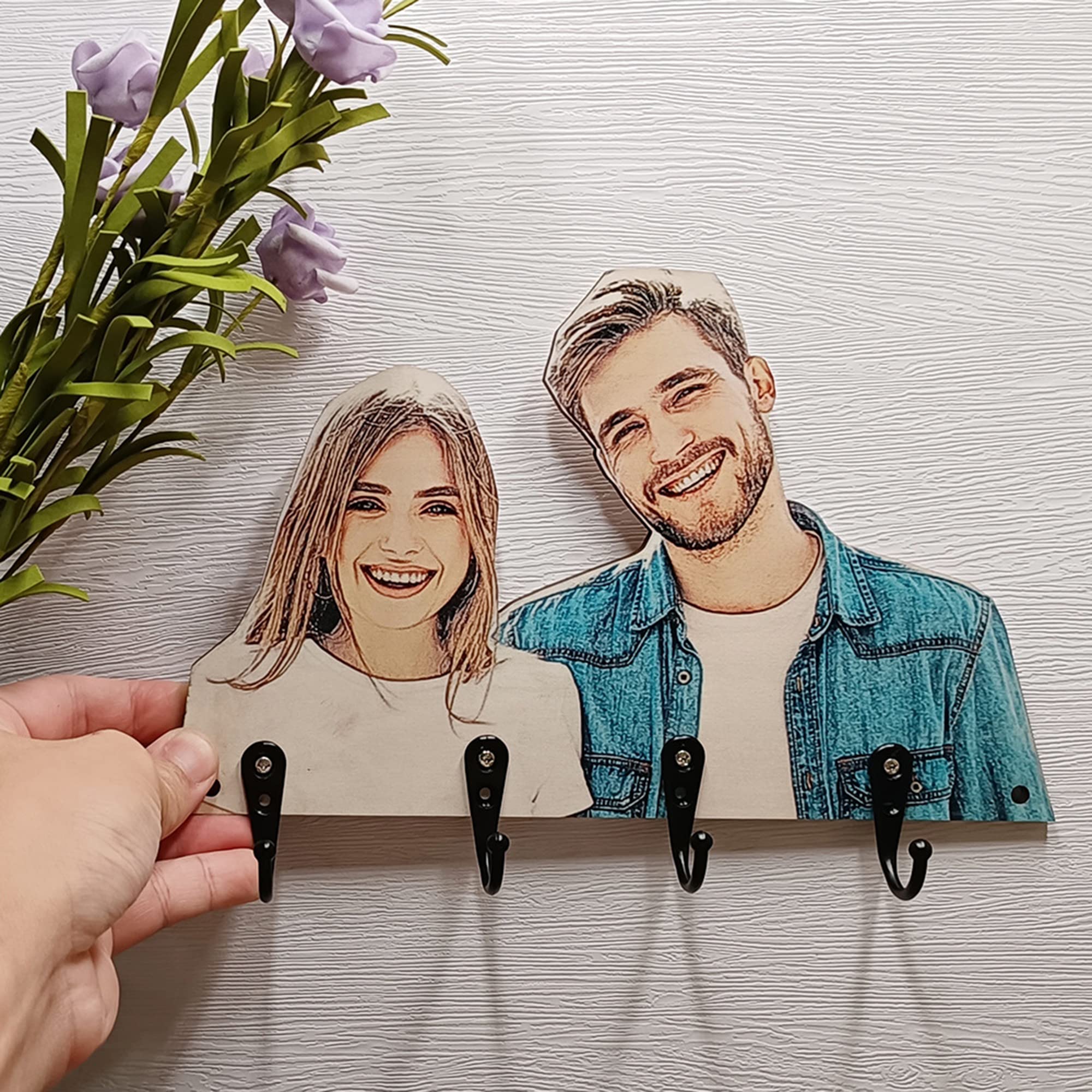 JINLIN Presonalized Photo Key Hooks for Wall Custom Wood Keychain Holder Wall Hanging Key Racks Organizer Home Decor for Wall Wedding Housewarming Gift