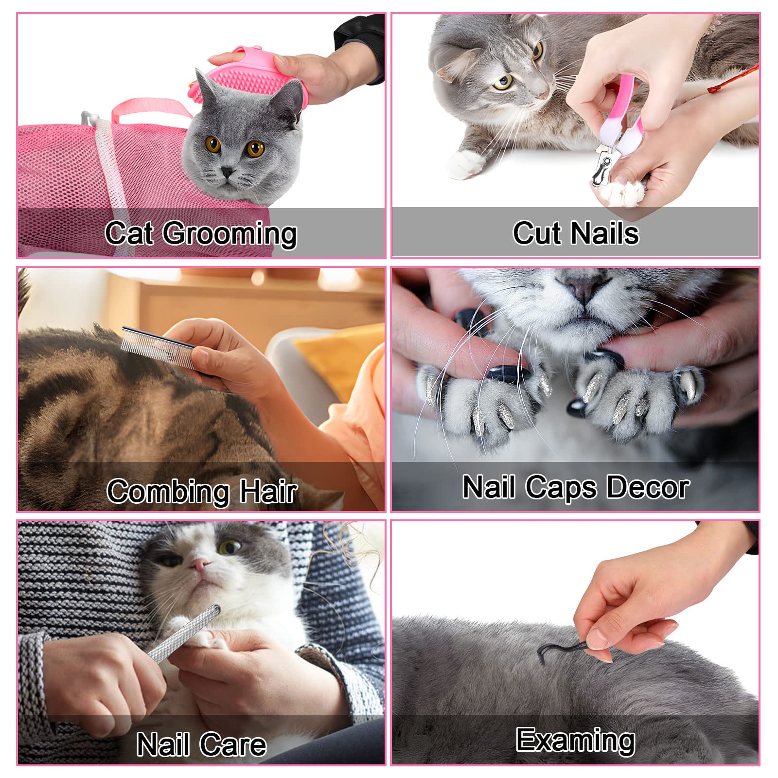 JULMELON Cat Washing Bag 10 PCS Set, Adjustable Cat Shower Net Bag and Pet Grooming Brush with Nail Clipper Nail File Hair Combs Tick Tool Nail Caps for Bathing Nail Trimming Examination(Pink+Grey)