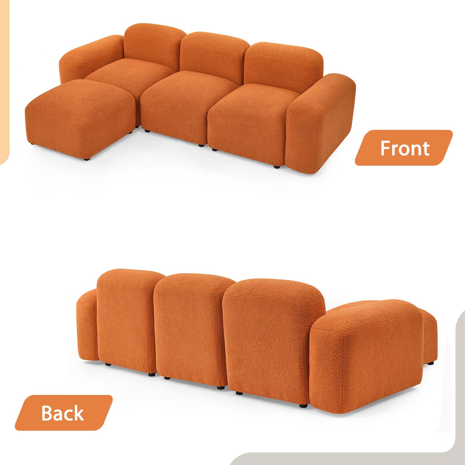 CALABASH Convertible Modular Sectional Sofa, 94.5''W L-Shape Couch with Reversible Chaise DIY Combination Teddy Fabric Cloud Sofa Couch for Living Room, Bedroom(Orange)