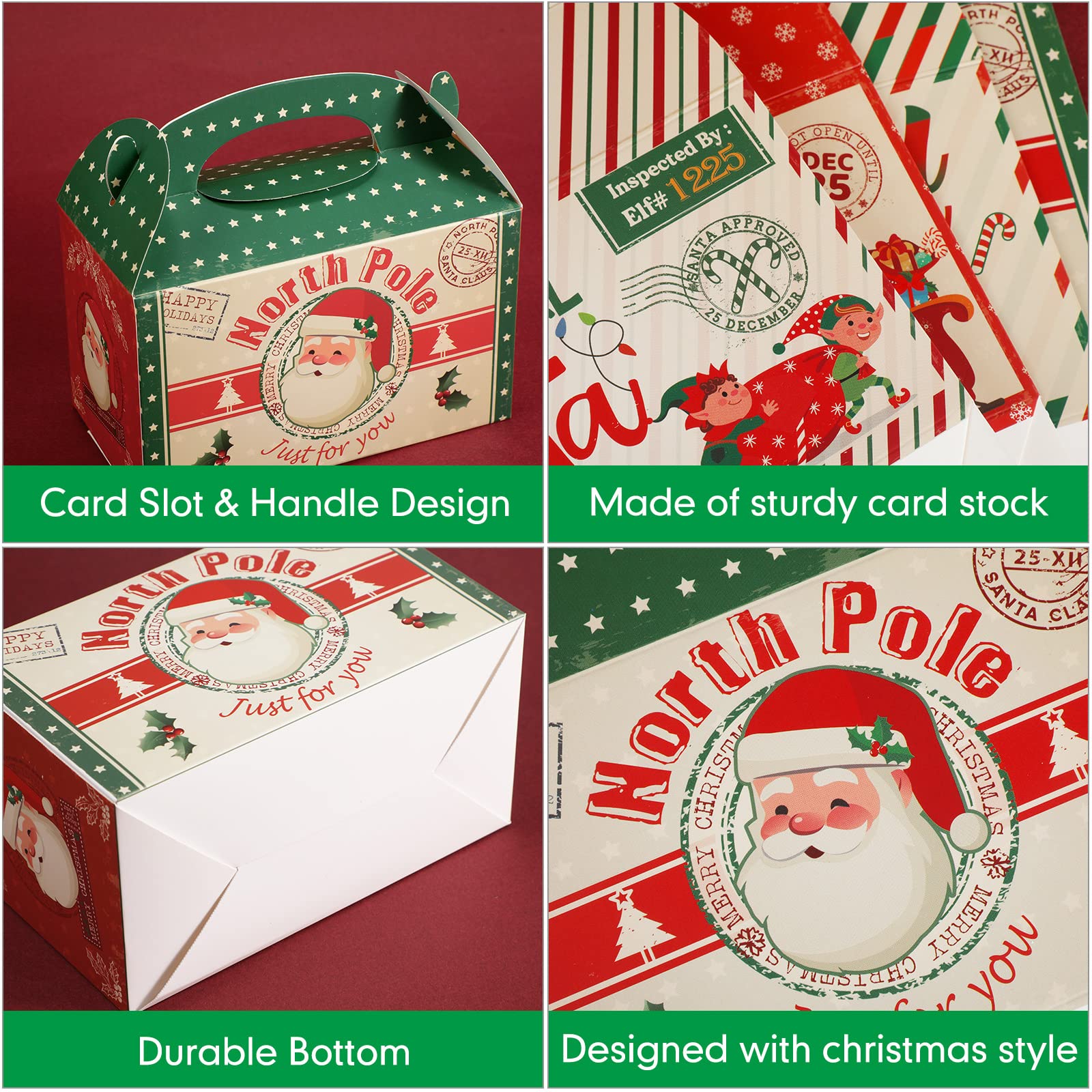 24 Pcs Christmas Cardboard Treat Boxes Red and Green Xmas Santa Delivery from North Pole Gift Boxes for Goodie Cookie with Handles Food Packaging Boxes for Office Party Favor Supplies (Cute Style)