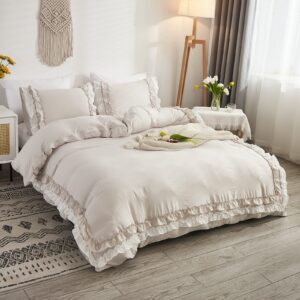 Beige Farmhouse Bedding Set Pleated Ruffle Duvet Cover Set Beige Gray Lace Ruched Ruffled French Country Style Rustic Textured Duvet Cover King with 2 Pillowcases