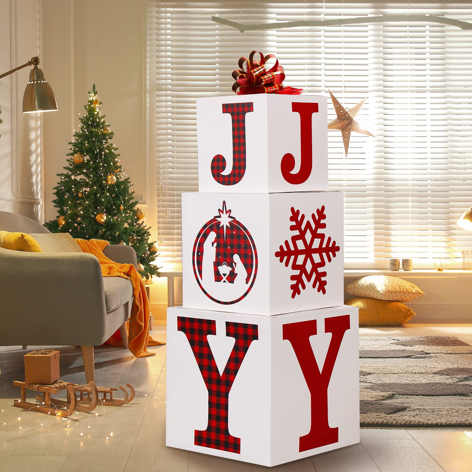 Teling 4 Pieces Christmas Nesting Gift Box Christmas Stackable Box Large Joy Christmas Boxes for Present Xmas Stacking Gift Box Decorations for Christmas Wrapping Party Favor