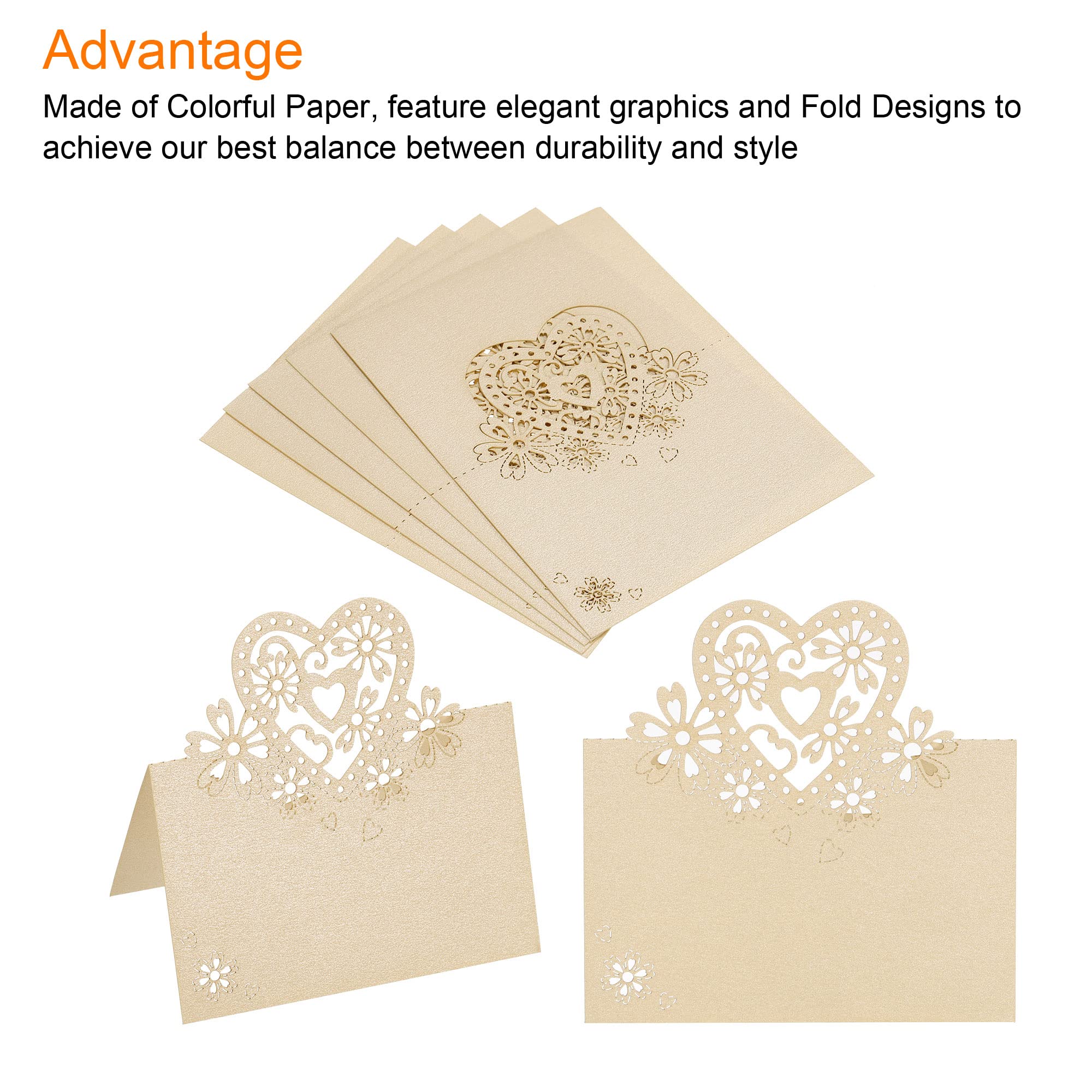 PATIKIL Table Name Place Cards, 50Pcs Favor Decor Hollow Heart Shape Cut Design Blank Card for Wedding Party Seating Place Cards, Beige