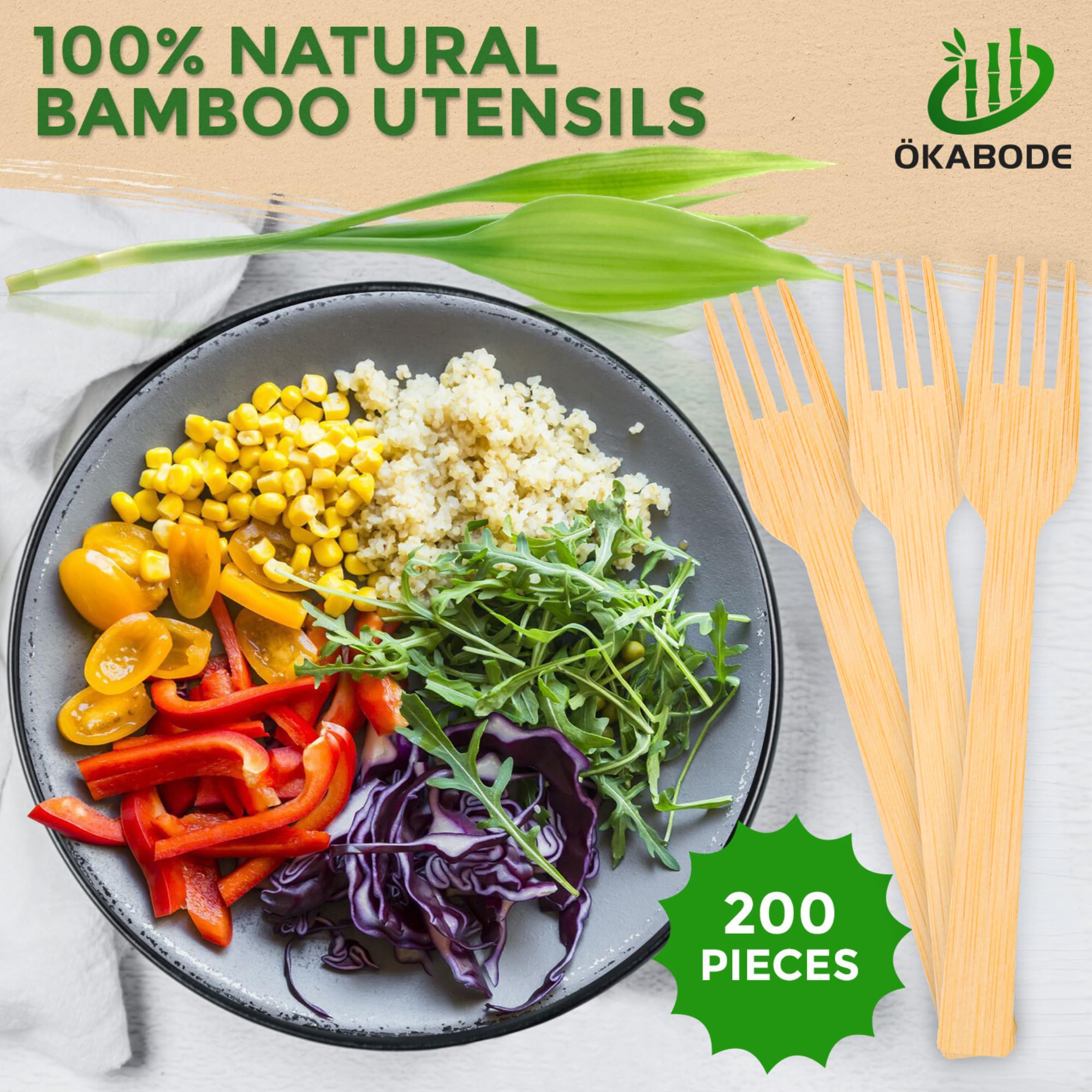 ÖKABODE Disposable Bamboo Utensils Set, 200 Bamboo forks | 100% Bamboo Cutlery Set NOT Wooden Utensil Set | Eco-Friendly Compostable utensils | 100% Biodegradable utensils