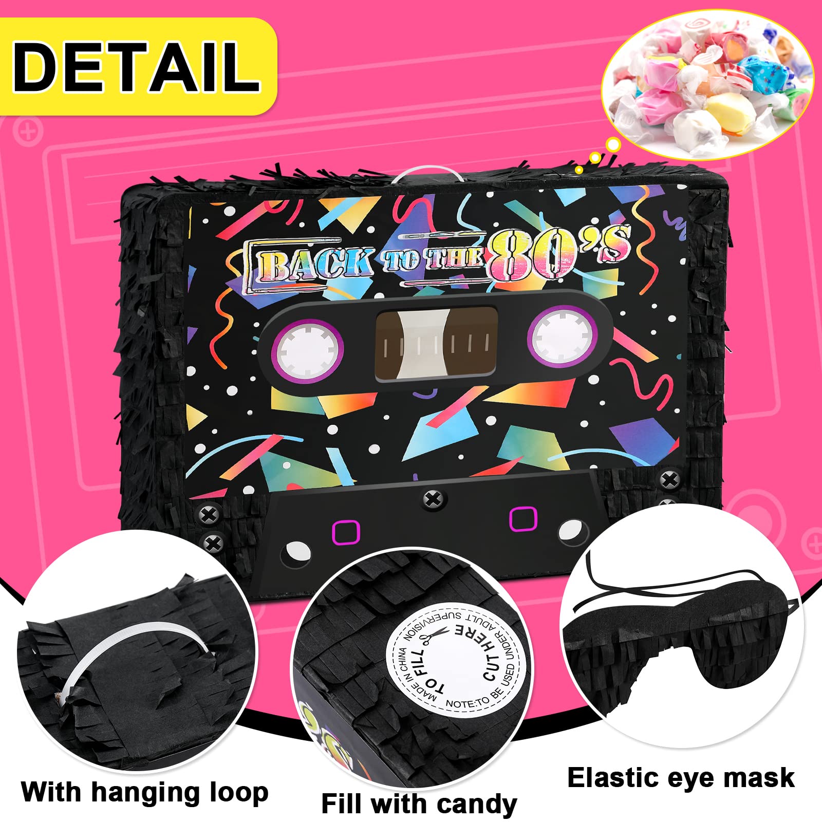 Deekin 3 Pcs Cute Piñata Set Include Piñata with Stick Eye Mask Large Piñata Money Piñata for Kids Music Science School Sports Bridal Shower Birthday Party Decorations Supplies(Cassette Tape)