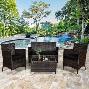 HAPPYGRILL 4 Pieces Patio Sofa Set Rattan Wicker Furniture Patio Conversation Set with Cushioned Sofa and Coffee Table for Outdoor Backyard Garden Poolside