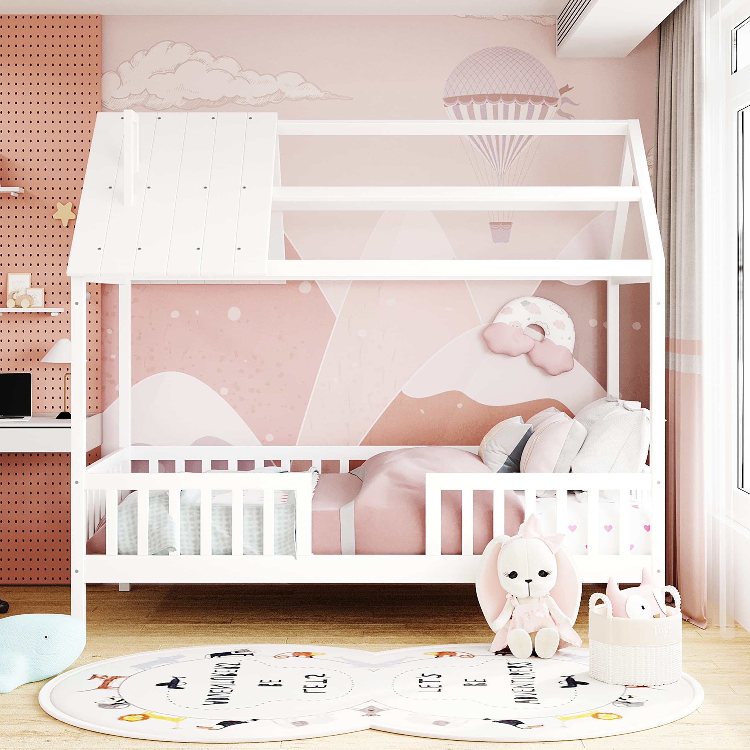 Merax Cute Wood House Bed Frame with Full-Gardrail Low Platform Bed for Kids Boys Girls No Box Spring Needed Twin White