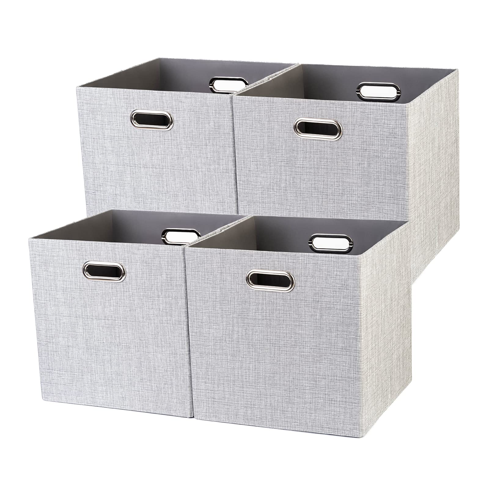 Jermichoc Cube Storage Bins 13x13inch - 4 Set Collapsible Linen Fabric Organizer Storage Bin with Dual Metal Handles for Organizing Closet, Clothes, Toys(Silver Grey)