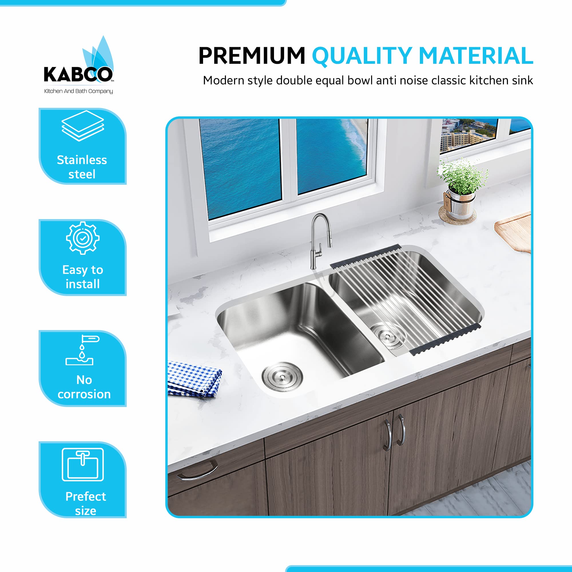 KABCO 32 Inch Big Double Equal Bowl Stainless Steel Classic Kitchen Sink, Rust Sound and Heatproof Undermount Sink with Sink Strainers, Removable Baskets, Sink Grids, and a Rolling Up Grid