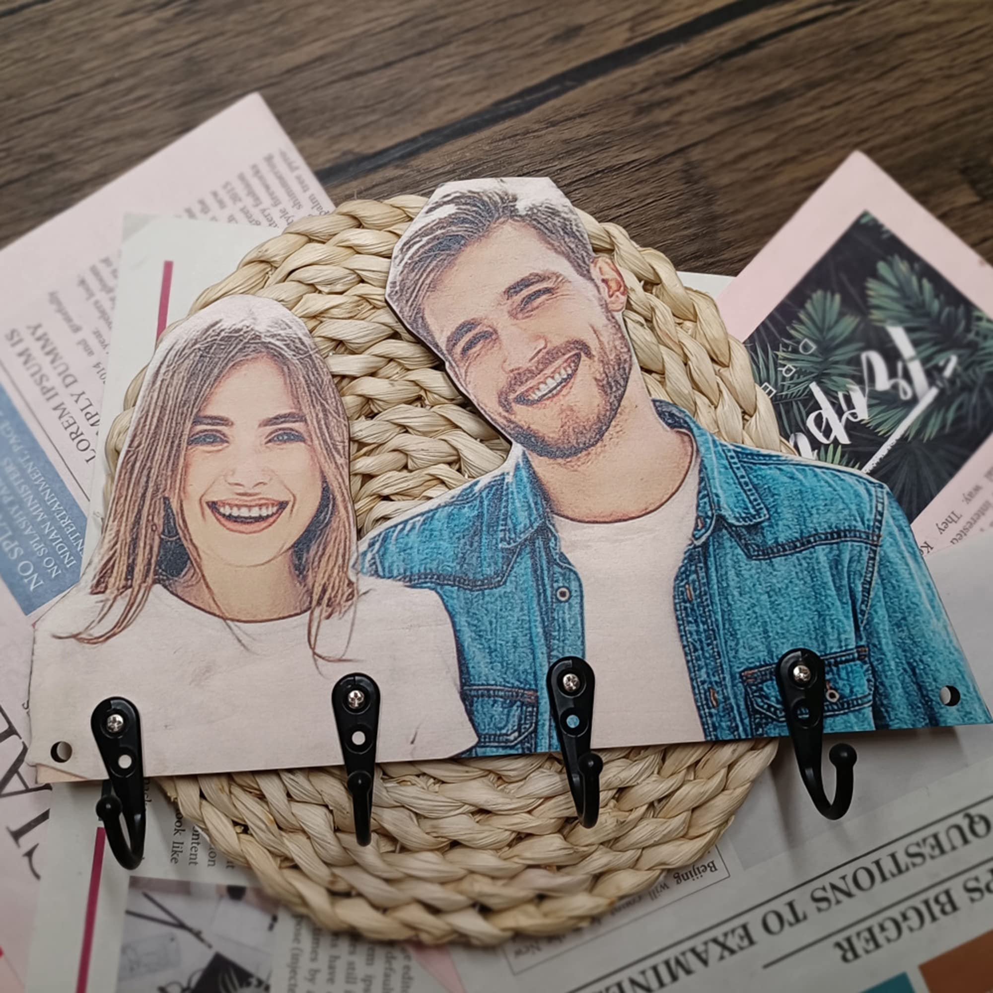 JINLIN Presonalized Photo Key Hooks for Wall Custom Wood Keychain Holder Wall Hanging Key Racks Organizer Home Decor for Wall Wedding Housewarming Gift