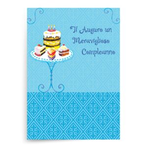 designer greetings italian language happy birthday cards, fun colorful cake pastries design (pack of 6 cards with blue envelopes / 6 biglietti di auguri e buste)