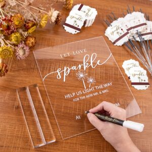 ‘Let Love Sparkle’ Wedding Send-Off Acrylic Sign Stand with Marker Set, Sparkle Exit Display Holder for Rustic Wedding, Anniversary, Engagement, Vertical Reception Table Decoration(8.46 * 10.25 inch)…