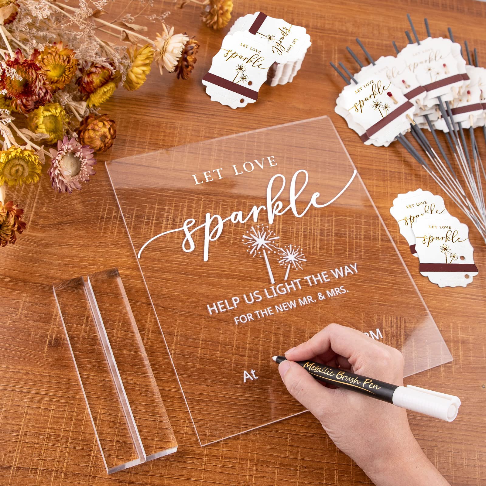 ‘Let Love Sparkle’ Wedding Send-Off Acrylic Sign Stand with Marker Set, Sparkle Exit Display Holder for Rustic Wedding, Anniversary, Engagement, Vertical Reception Table Decoration(8.46 * 10.25 inch)…