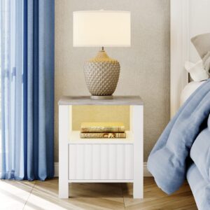 WAMPAT White End Table for Living Room, Nightstand for Bedroom with Storage Cabinet & Open Shelf, Wood Night Stand with Faux Marble Tabletop & LED Light, Side Tables for Small Spaces, White/Grey