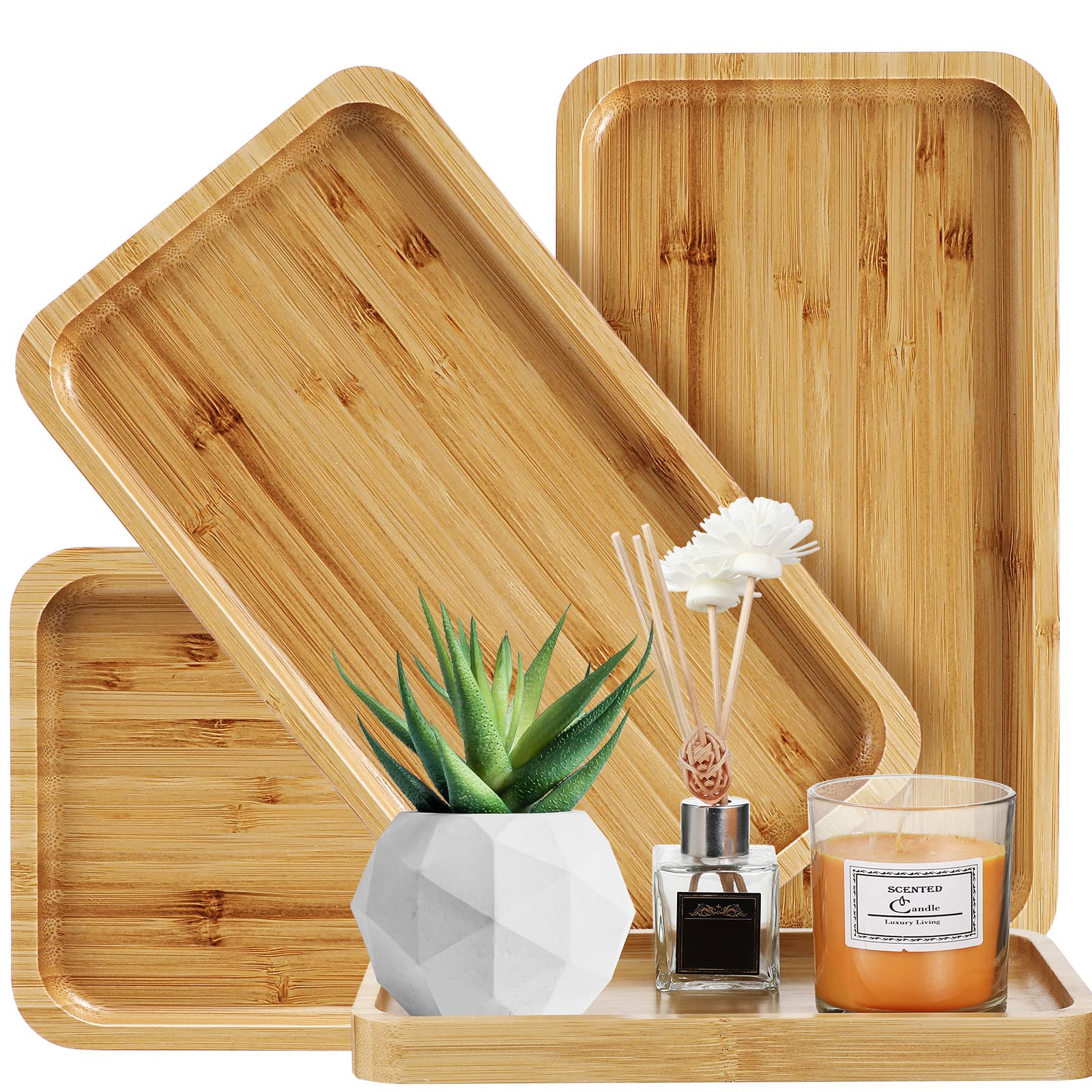 3 Pcs Bamboo Tray for Bathroom Bamboo Vanity Tray Bathroom Counter Tray Organizer Decorative Tea Serving Tray for Dresser Coffee Table Home Decor Toilet Tank Candle Perfume, 9.8 x 5.7 x 0.78 Inch