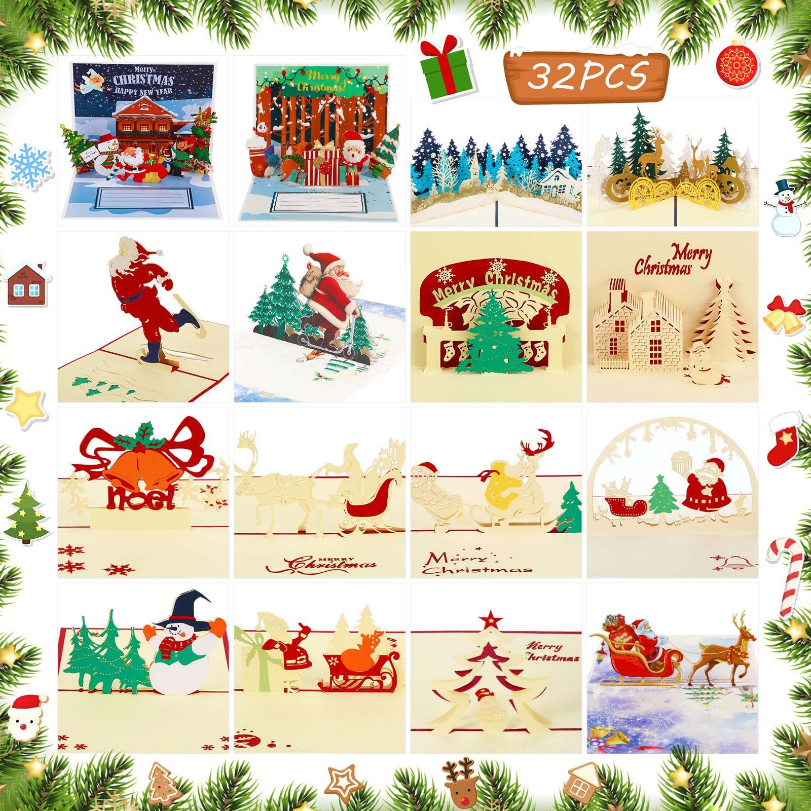 Crtiin 32 Sets Pop up Christmas Cards, 3D Merry Christmas Cards Handmade Bulk, Blank Greeting Holiday Cards with Envelope Xmas Tree, Snowman for Birthday Xmas New Year Appreciation Winter Holiday