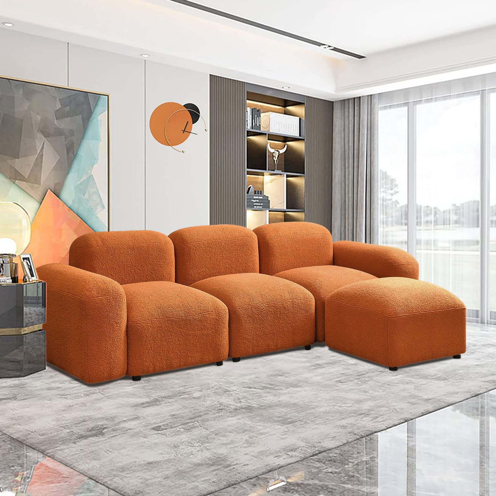 CALABASH Convertible Modular Sectional Sofa, 94.5''W L-Shape Couch with Reversible Chaise DIY Combination Teddy Fabric Cloud Sofa Couch for Living Room, Bedroom(Orange)