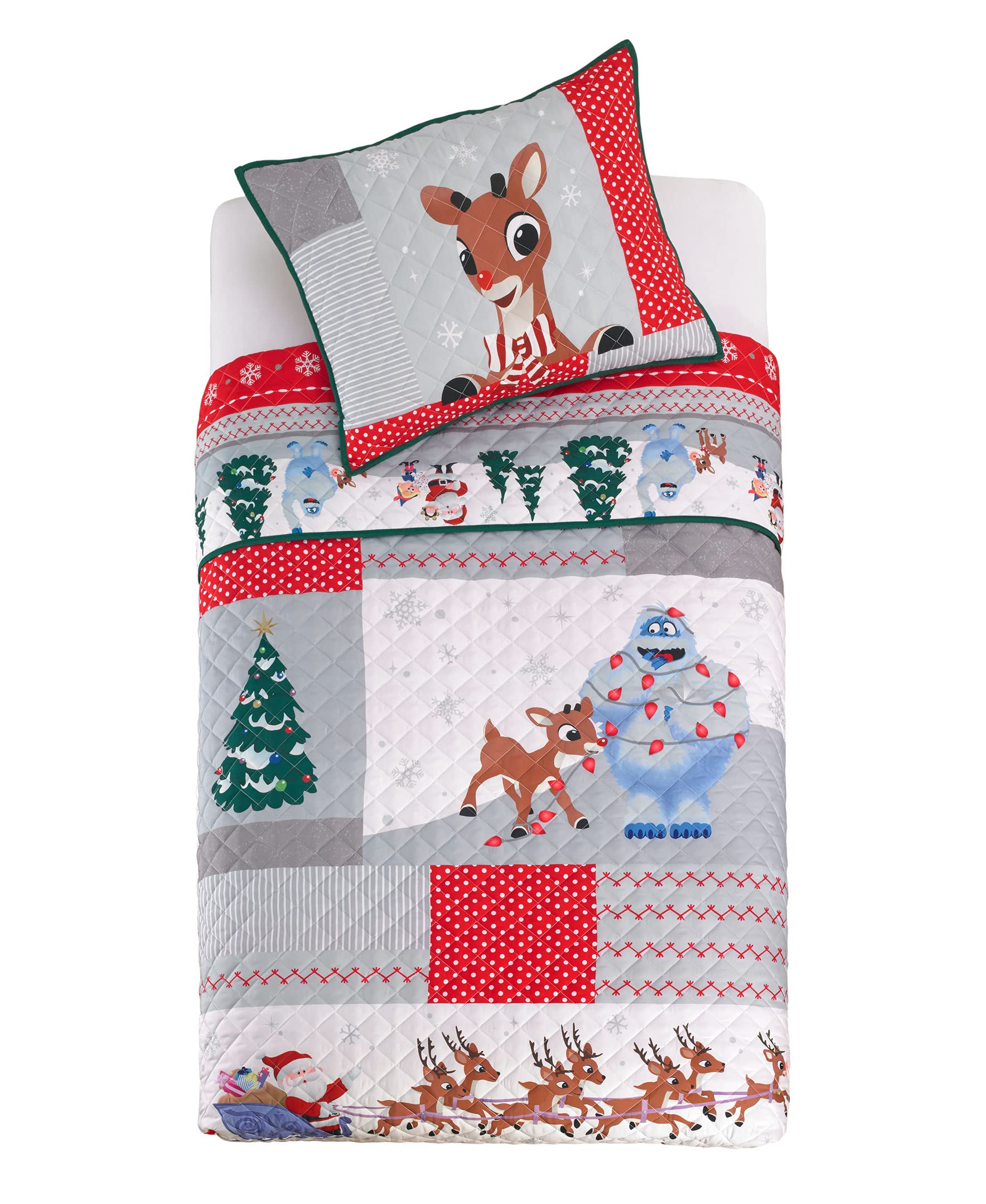 Franco Rudolph The Red Nose Reindeer Holiday Bedding Super Soft Pillow Sham and Quilt Set, Full/Queen Size 88" x 92", (100% Officially Licensed Product)