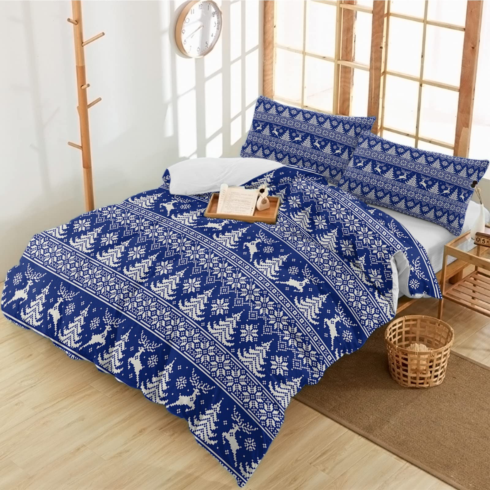 3 Pieces Twin Bedding Duvet Covers Set Winter Geometric Xmas Tree Reindeer Soft Quilt Cover and Pillow Shams, Comforter Cover Sets with Zipper Closure for Bedroom Decor Christmas Ethnic Red Blue