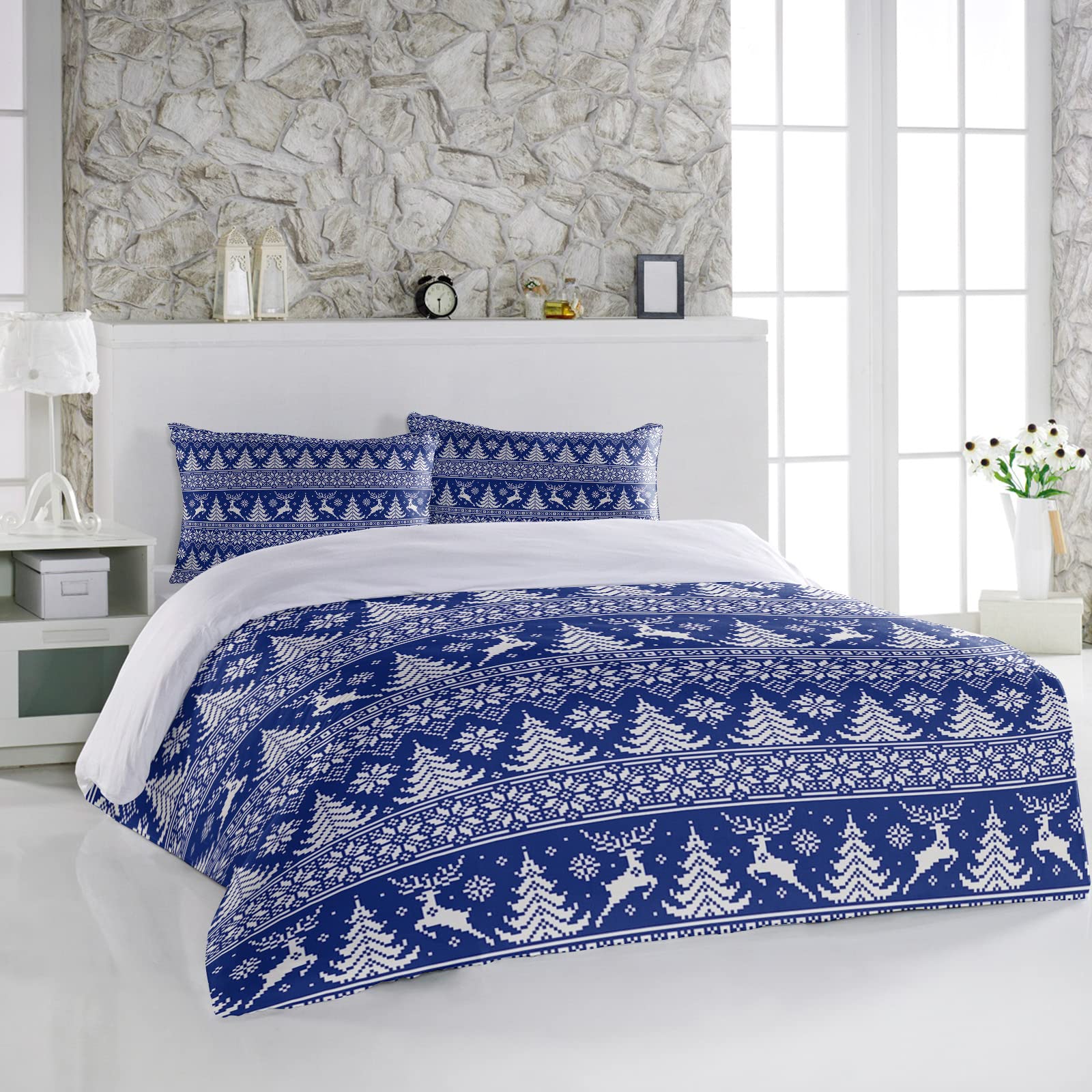 3 Pieces Twin Bedding Duvet Covers Set Winter Geometric Xmas Tree Reindeer Soft Quilt Cover and Pillow Shams, Comforter Cover Sets with Zipper Closure for Bedroom Decor Christmas Ethnic Red Blue