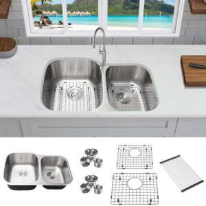 kabco 32 inch double unequal bowl classic kitchen sink with sink strainers, sink grids, rolling up grid and a removable garbage basket 16 gauge undermount rust, sound and heatproof