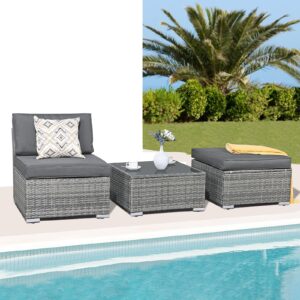 patiorama 3-piece patio furniture set, outdoor sectional sofa, all-weather grey pe wicker rattan conversation set, outdoor couch loveseat sofa w/coffee table for deck balcony pool(dark grey cushion)