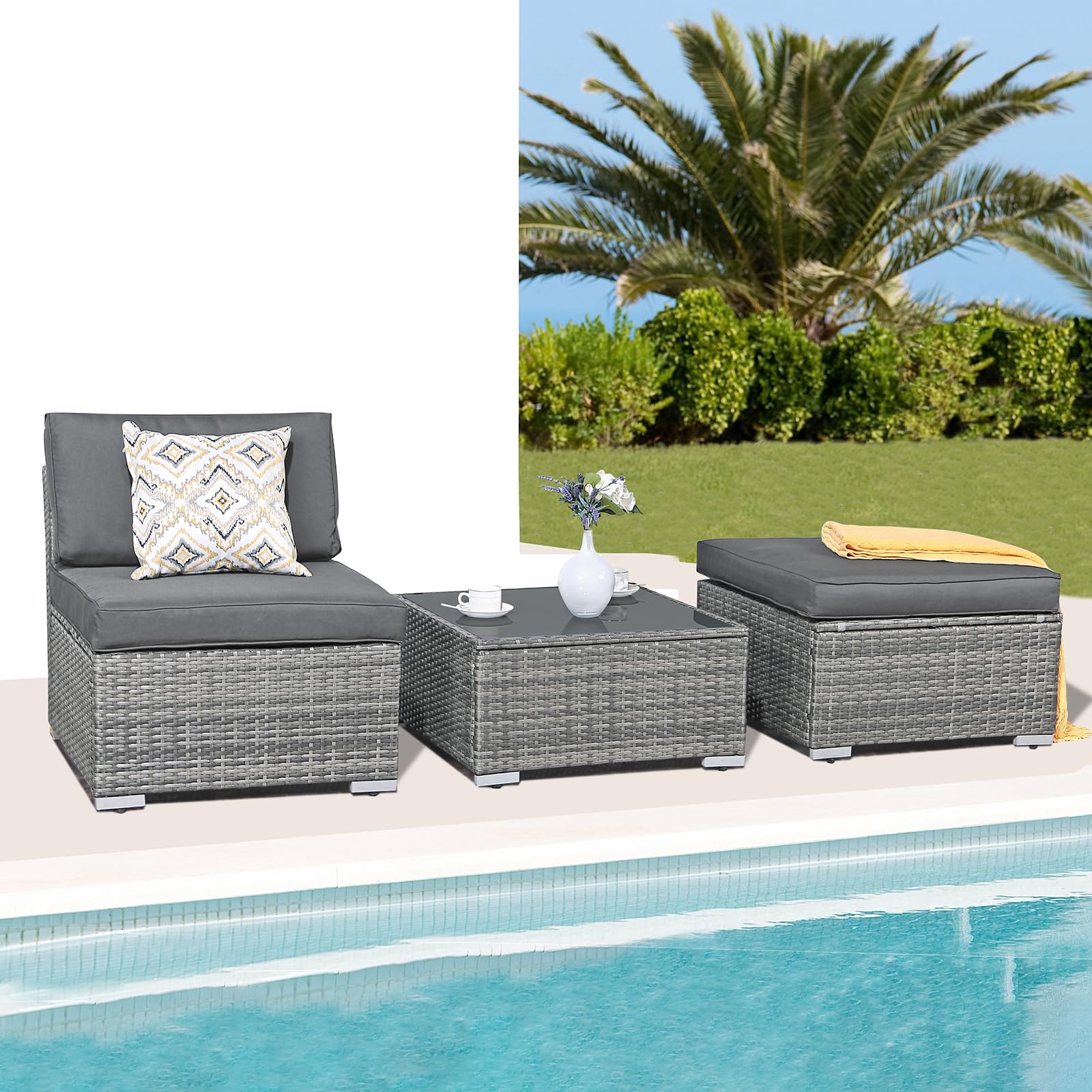 Patiorama 3-Piece Patio Furniture Set, Outdoor Sectional Sofa, All-Weather Grey PE Wicker Rattan Conversation Set, Outdoor Couch Loveseat Sofa w/Coffee Table for Deck Balcony Pool(Dark Grey Cushion)