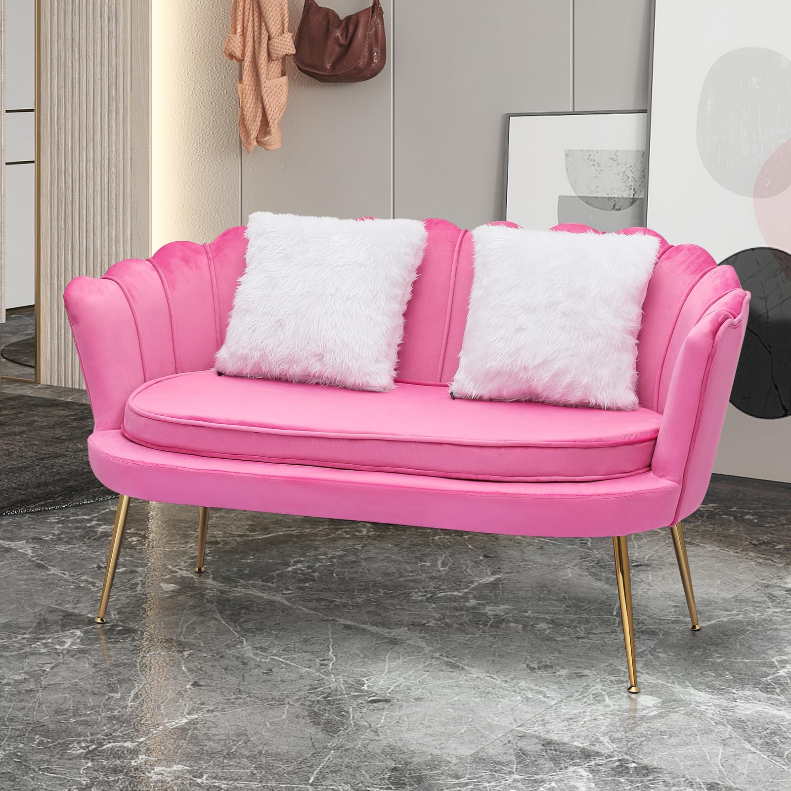 Magshion 52in Tufted Velvet Loveseat with 2 Pillows Living Room Chair Modern Scalloped Back Accent Velvet Upholestered Armchair with Golden Metal Legs, Back Cushion Padded Sofa, Pink