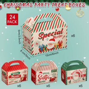 24 Pcs Christmas Cardboard Treat Boxes Red and Green Xmas Santa Delivery from North Pole Gift Boxes for Goodie Cookie with Handles Food Packaging Boxes for Office Party Favor Supplies (Cute Style)