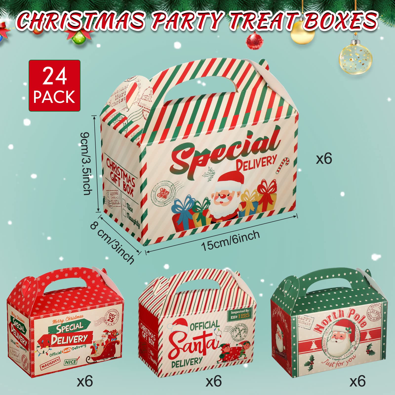 24 Pcs Christmas Cardboard Treat Boxes Red and Green Xmas Santa Delivery from North Pole Gift Boxes for Goodie Cookie with Handles Food Packaging Boxes for Office Party Favor Supplies (Cute Style)