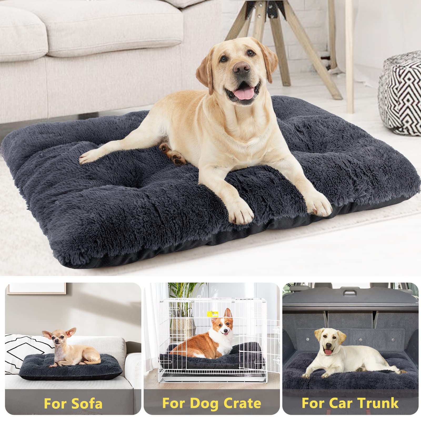 JOEJOY Dog Bed Crate Pad, Deluxe Plush Washable Dog Beds Fulffy Soft Kennel Pad Anti-Slip Pet Sleeping Mat for Medium Small Dogs, 23" x 18", Grey