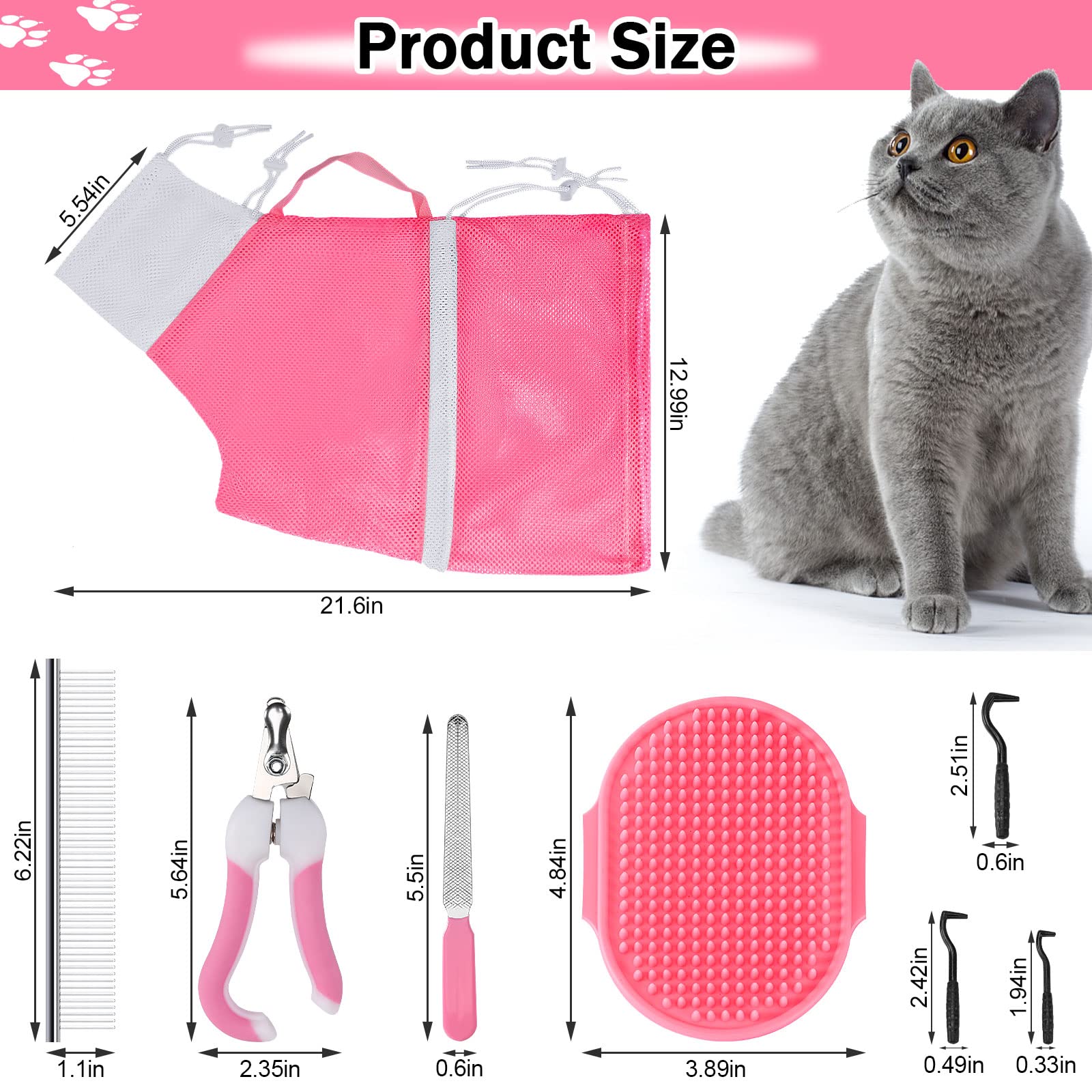 JULMELON Cat Washing Bag 10 PCS Set, Adjustable Cat Shower Net Bag and Pet Grooming Brush with Nail Clipper Nail File Hair Combs Tick Tool Nail Caps for Bathing Nail Trimming Examination(Pink+Grey)