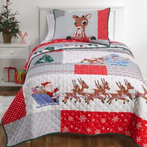 Franco Rudolph The Red Nose Reindeer Holiday Bedding Super Soft Pillow Sham and Quilt Set, Full/Queen Size 88" x 92", (100% Officially Licensed Product)