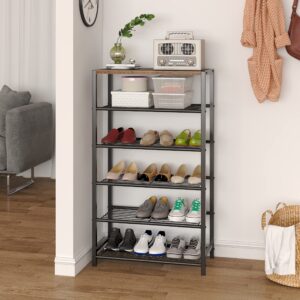 Yusong Shoe Rack, 6 Tier Shoe Organizer Storage for Closet Entryway, Narrow Tall Metal Shoe Shelves with Industrial Wooden Top, Rustic Brown and Black