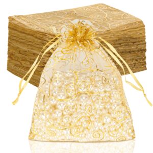 staruby organza gift bags 100pcs gold sheer organza bag 5x7 inch mesh favor bags drawstring jewelry rattan printed gift pouches for wedding party favors baby shower christmas gifts candy bags