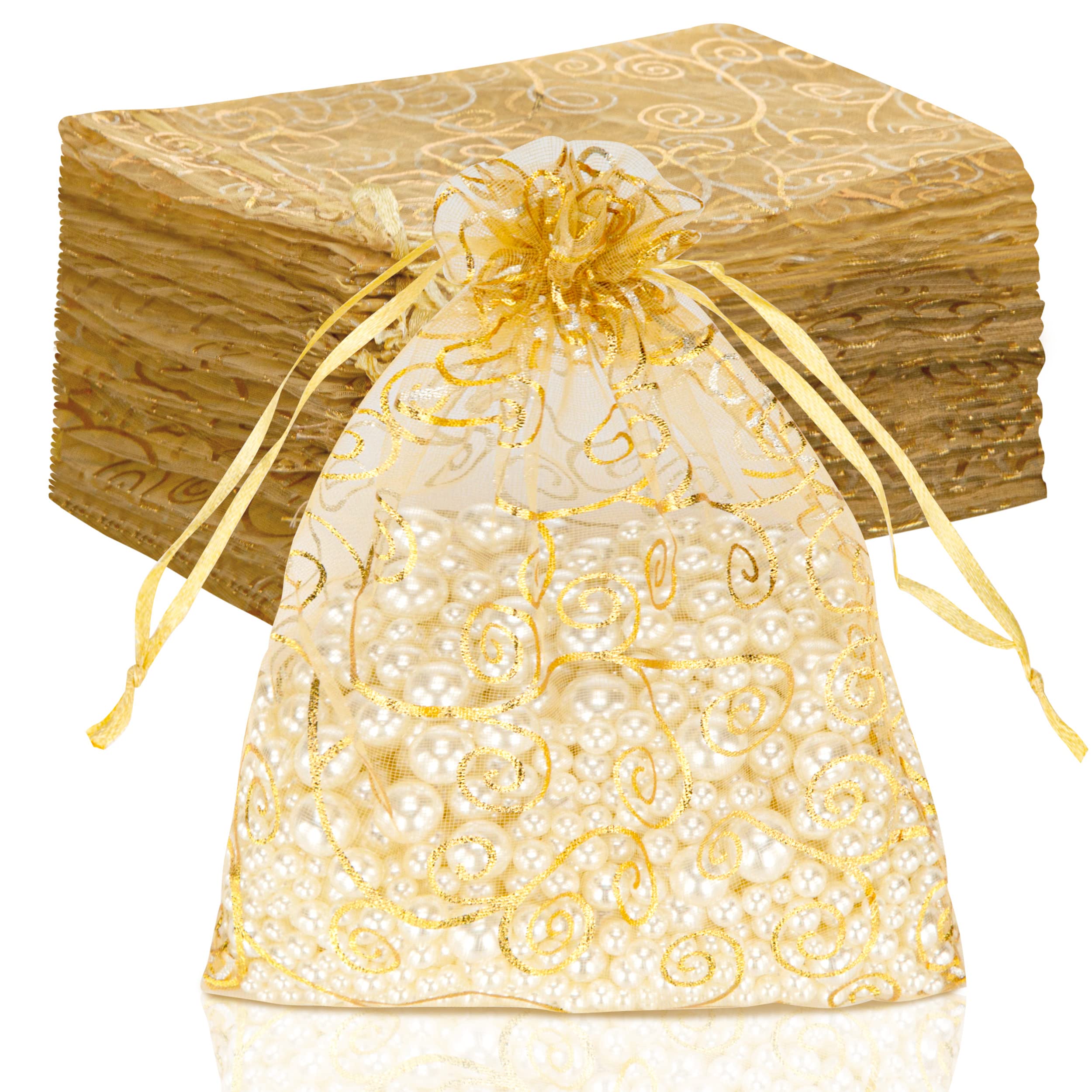 Staruby Organza Gift Bags 100Pcs Gold Sheer Organza Bag 5x7 Inch Mesh Favor Bags Drawstring Jewelry Rattan Printed Gift Pouches for Wedding Party Favors Baby Shower Christmas Gifts Candy Bags